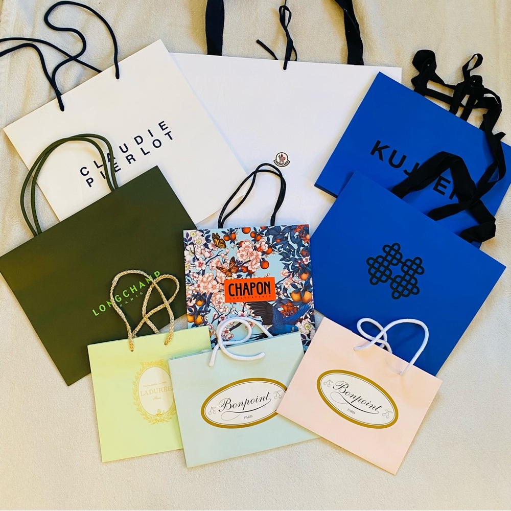 French Parisian brands empty shopping bags: Montcler Kujten Bonpoint Longchamp
